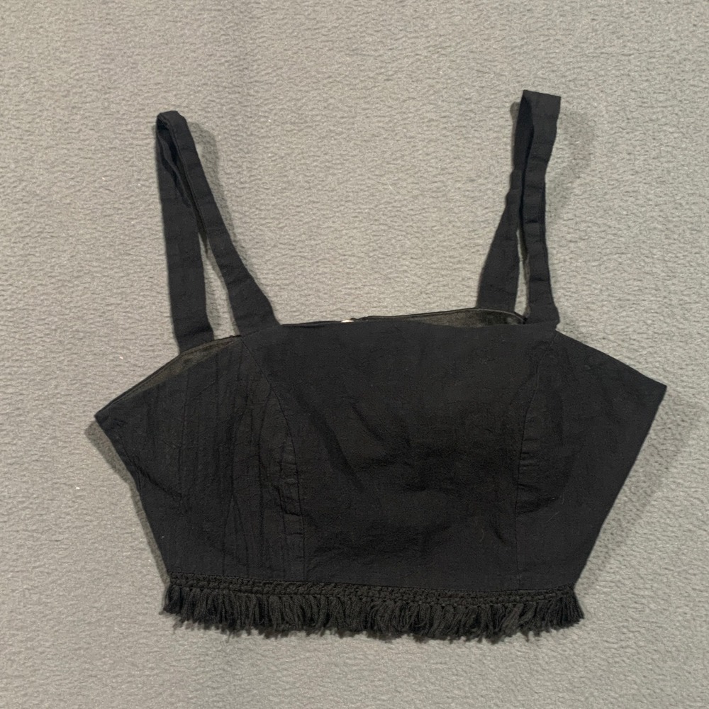 Blue Blush Black Fringe Hem Cropped Cami Top Size Small Square Neck Back Zip